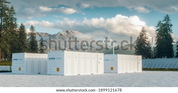 Modern\
container battery energy storage power plant system accompanied\
with solar panels and wind turbine system situated in nature with\
Mount St. Helens in background. 3d\
rendering.