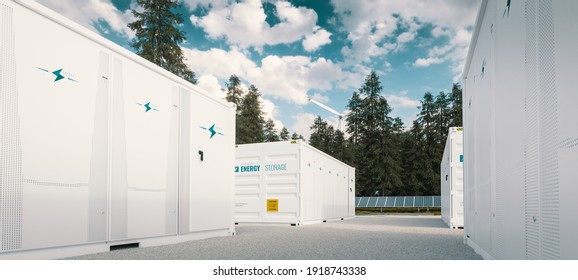 Modern Container Battery Green Energy Storage System Accompanied With Solar Panels And Wind Turbine Situated In Nature 3d Rendering.