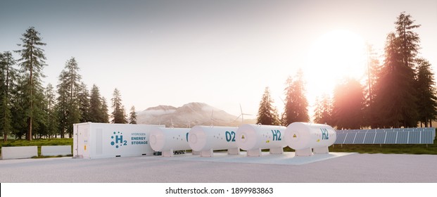 Modern Container Hydrogen Energy Storage Power Plant System Accompanied With Solar Panels And Wind Turbine System Situated In Nature With Mount St. Helens In Background. 3d Rendering.