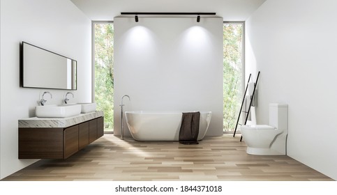 Modern Contemporary Bathroom With Empty White Wall Backdrop 3d Render. Room With Wood Floors. There Is A Glass Shower Wall. With Tall Windows Overlooking The Nature