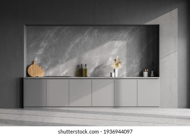 Modern Contemporary Design Kitchen Interior. Dark Grey, Marble And Concrete Stone Material. Mock Up Wall Copy Space. 3d Rendering