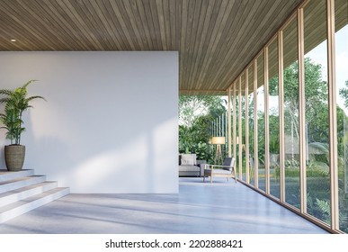 Modern contemporary empty hall with nature view 3d render overlooking the living room behind the room has concrete floors, plank ceilings and blank white walls for copy space, sunlight enter the room. - Powered by Shutterstock