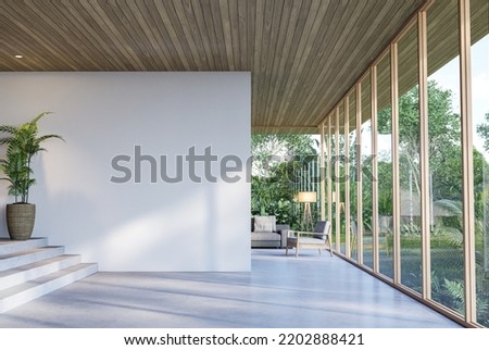 Modern contemporary empty hall with nature view 3d render overlooking the living room behind the room has concrete floors, plank ceilings and blank white walls for copy space, sunlight enter the room. Сток-фото © 