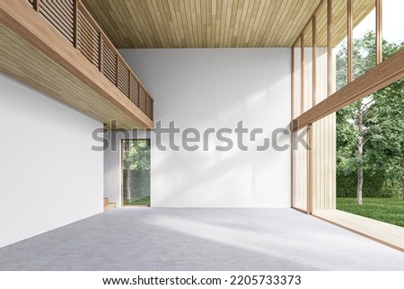 Modern contemporary empty hall with open sliding door overlooking nature view 3d render the room has concrete floors, plank ceilings and blank white walls for copy space, sunlight enter the room. ストックフォト © 