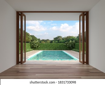 Modern contemporary empty room with swimming pool background 3d render, The room has wood floor white wall and wooden folding door opens to see the pool terrace and nature view.