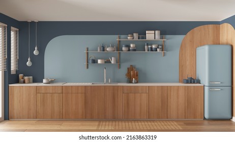 Modern Contemporary Kitchen In Blue Navy Tones, Wooden Cabinets, Sink With Faucet And Induction Hob, Vintage Refrigerator. Shelves With Pottery. Windows With Blinds, Interior Design, 3d Illustration