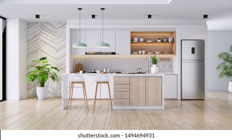 Modern Contemporary  kitchen room interior  white   wood material 3d render