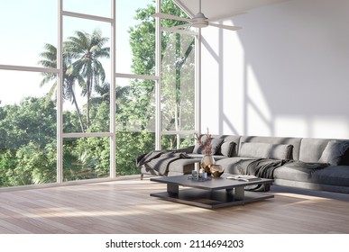 Modern contemporary living room with nature view background 3d render.The Rooms have wooden floors ,decorate with gray fabric sofa sunlight shine into the room
