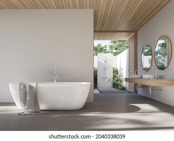 Modern Contemporary Loft Bathroom With Outdoor Shower 3d Render,There Are Concrete Tile Floor And White Wall Overlooking Shower In The Garden