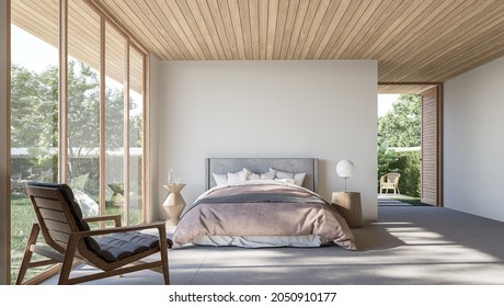 Modern Contemporary Loft Bedroom With Open Door To Garden 3d Render The Rooms Have Concrete Tile Floors ,wooden Plank Ceiling,decorate With Light Gray Fabric Furniture