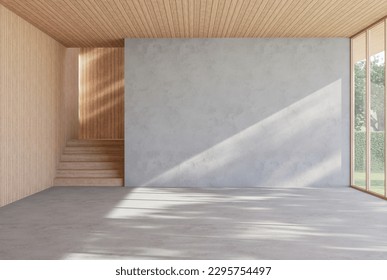 Modern contemporary loft empty room with nature view 3d render There are wooden stair plank wall and ceiling and blank concrete wall for copy space