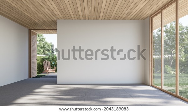 Modern contemporary loft empty room with open\
door to garden 3d render The Rooms have concrete tile floors\
,wooden plank\
ceiling