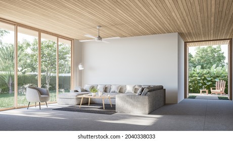Modern contemporary loft living room with open door to garden 3d render The Rooms have concrete tile floors ,wooden plank ceiling,decorate with light gray fabric furniture