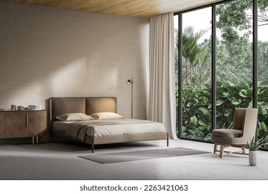 Modern contemporary loft style bedroom with tropical style garden view 3d render,The room has concrete tiled floors and walls and wooden ceilings. Furnished with brown furniture - Powered by Shutterstock