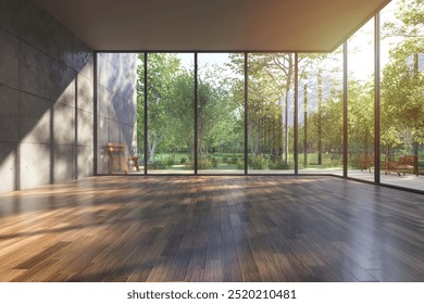 Modern contemporary loft style empty room with forest view 3d render the room has concrete wall, plank floor large window overlooking nature view sunlight enter the room.