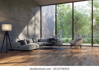 Modern contemporary loft style living room with nature view 3d render the room has plank floor concrete wall decorated with gray fabric furniture large window with forest view - Powered by Shutterstock