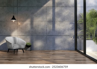 Modern contemporary loft style living room with empty concrete wall for copy space 3d render the room has plank floor decorated with gray fabric chair large window with nature view