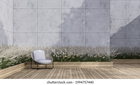 Modern Contemporary Loft Style Outdoor Terrace 3d Render,decorate With Wicker Chair ,sunlight And Tree Shadow On The Wall