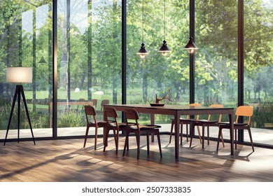 Modern contemporary style glass house dining room with nature view 3d render the room has plank floor decorated with wooden furniture large window overlooking forest view sunlight enter the room.