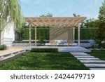 Modern contemporary style green garden with wooden pavilion 3d render, there are empty green lawn decorated with black tiled pond with fountain.