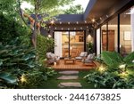 Modern contemporary style small wooden terrace in lush garden with house interior background 3d render, there are green wall fence decorated with white outdoor furniture and string light