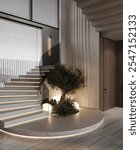 Modern contemporary style spiral staircase decorated with marble and has indirect lighting. 3d illustration