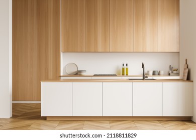 Modern Cooking Interior With Table And Sink, Dishes On Deck And Wooden Shelves, Parquet Floor. Luxury Kitchen With Minimalist Furniture, 3D Rendering