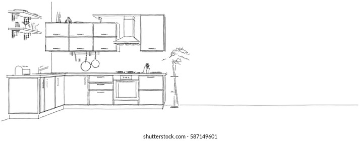 Modern Corner Kitchen Interior Black White Stock Illustration 587149601