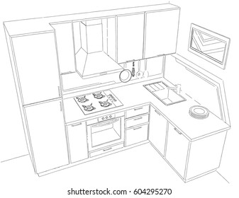 Modern Lshape Corner Kitchen Contour Sketch Stock Illustration ...