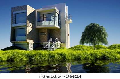 Modern Cottage On A Background Of Green Grass