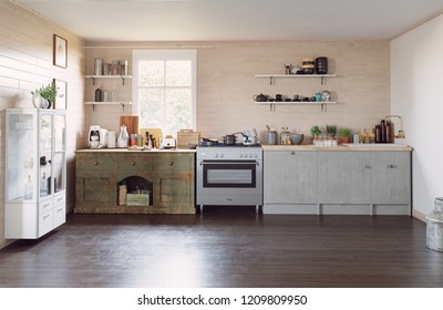 Modern Country Style Kitchen Interior. 3d Design Concept Illustration