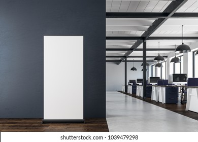 Modern Coworking Office Interior With Empty Banner And Equipment. Mock Up, 3D Rendering 