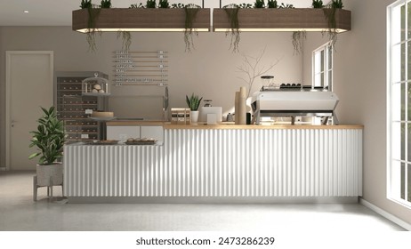 Modern, cozy beige cafe and bakery with counter, professional espresso machine, cake display, window to backyard for luxury coffee shop, bistro interior design background 3D - Powered by Shutterstock