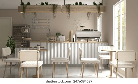 Modern, cozy beige cafe and bakery with counter, professional espresso machine, cake display, tables, chairs, window to backyard for luxury coffee shop, bistro interior design background 3D - Powered by Shutterstock