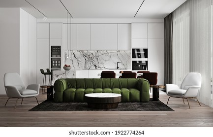 Modern Cozy Home Interior Mock-up White Living And Dining Room Space, Cozy Tea Table And Decor In White Living Room, 3d Render 