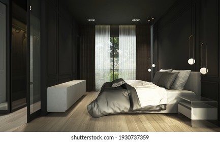 Modern cozy interior design of bedroom and closet area and black wall texture background, 3d rendering