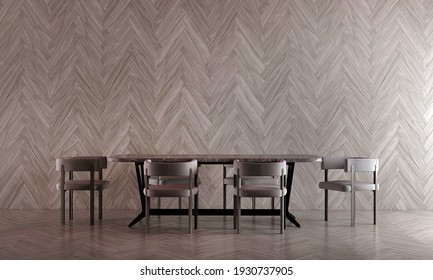Modern cozy interior design of dining room and wooden wall texture background, 3d rendering