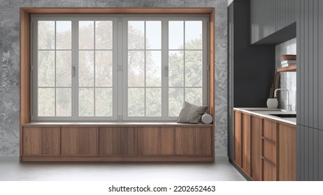 Modern Cozy Kitchen And Big Window With Bench In White And Dark Tones. Wallpaper And Concrete Floor. Minimalist Japandi Interior Design, 3d Illustration