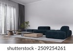 Modern cozy living room interior with a soft blue sofa, textured pillows and white empty wall background. 3d render.