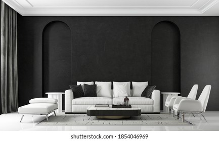 Modern Cozy And Luxury House And Black Living Room Interior Design And Arch Wall Patter Background/3d Render 