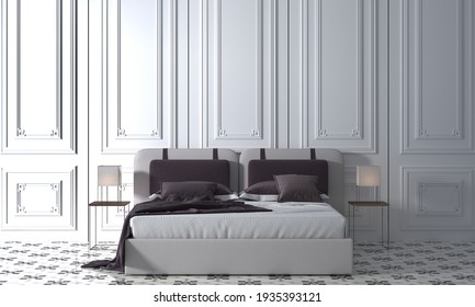 Modern Cozy  Mock Up Decoration Interior Of Bedroom And Wall Pattern Background, 3D Rendering