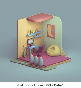 Modern Cozy Teenager Room With Workplace, Black Computer Chair, Yellow Green Wall, Red Carpet, Bean Bag, Electric Guitar, Plants, Blue Shelves With Books, Abstract Picture. 3d Render In Pastel Colors.