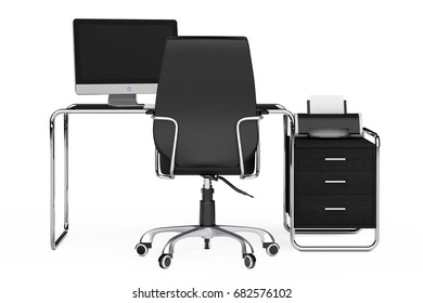 Modern Creative Workspace. Computer is on Office Table with Black Leather Chair on a white background. 3d Rendering. 