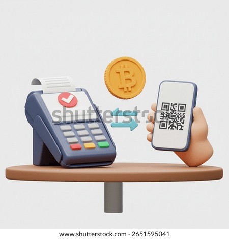 Modern crypto payment method illustrated by cartoon-style image featuring mobile payment with a terminal, suited for financial technology promotions.
