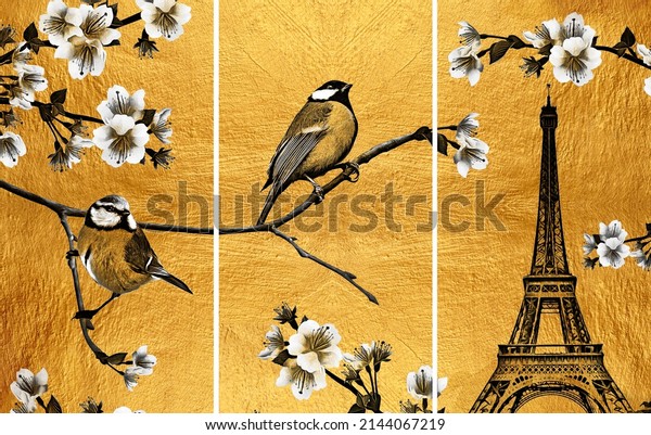 modern cute birds and Eiffel golden painting . Abstract painting for interior . collection of designer oil paintings. Decoration for interior. Contemporary abstract art on canvas.