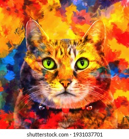 Modern Cute Lovely Cat With Green Eyes Oil Painting. Abstract Painting For Interior Decoration. Artist Collection Of Animal Painting For Decoration And Interior, Canvas Art