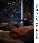 Modern dark bedroom 3d rendering design, interior details, dark furniture setup against the background of a dark classic wall.