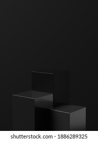 Modern Dark Black Podium For Product Showcase. Boxes Shapes Pedestal.Black Background. Empty Stage. 3d Render Illustration