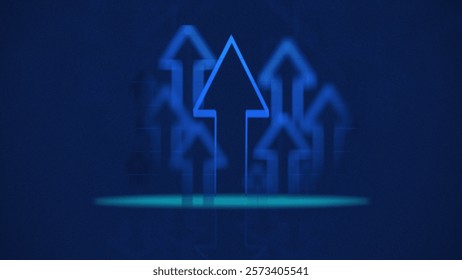 Modern dark blue background, with gradient, slight noise texture. Upward arrow pattern suggests growth, technological progress.
