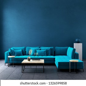 Modern Dark Blue Living Room Interior With Azure Color Couch,wall Mock Up,3d Render